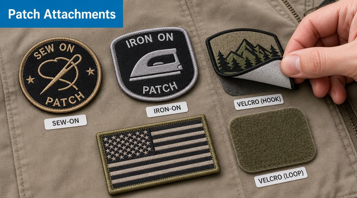 A display on a jacket showing different patch attachment types including sew-on, iron-on, and velcro hook and loop.