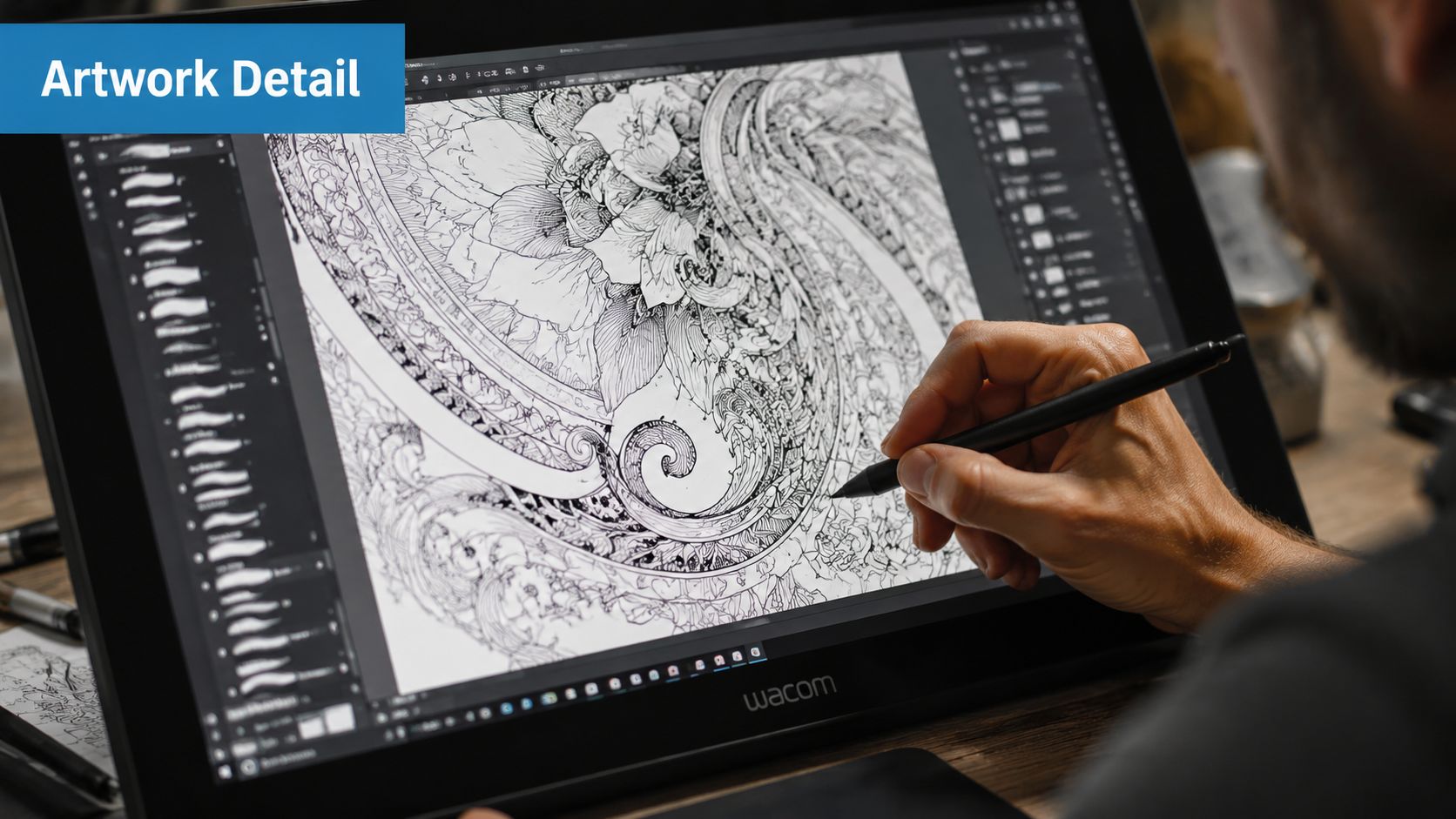 A digital artist uses a Wacom pen display to illustrate complex floral patterns in design software.