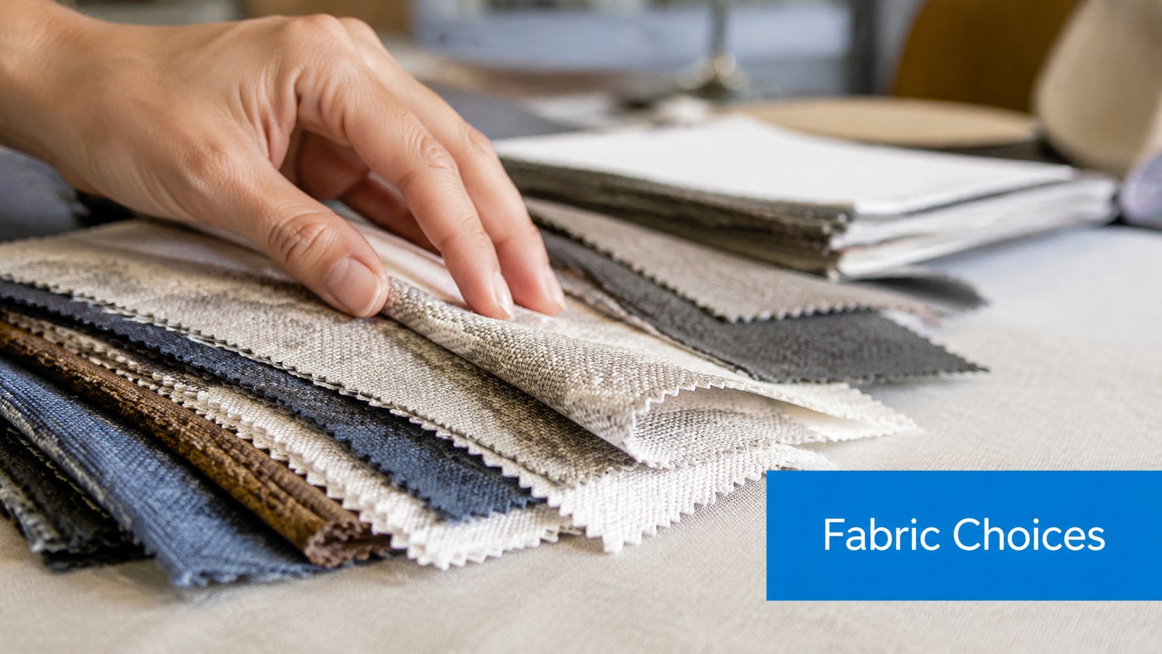 A hand touching a stack of various textured fabric samples for interior design and upholstery projects.