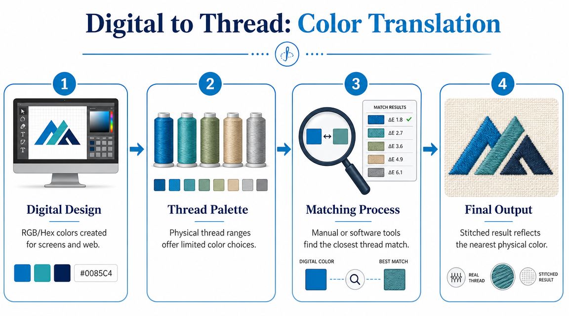 A four-step diagram showing the process of converting digital logo colors into physical embroidery thread colors.