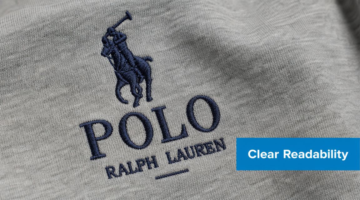 Close-up of a dark blue Polo Ralph Lauren logo embroidered on a grey textured fabric garment.