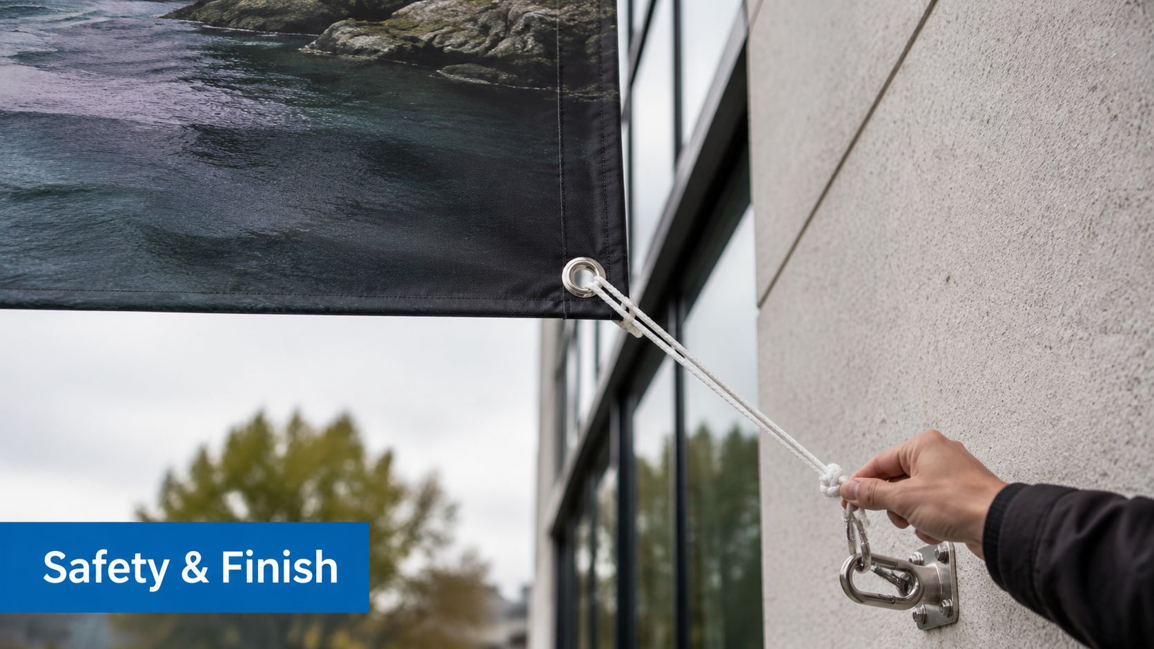 A hand secures a vinyl banner to a wall using a white rope and metal carabiner.
