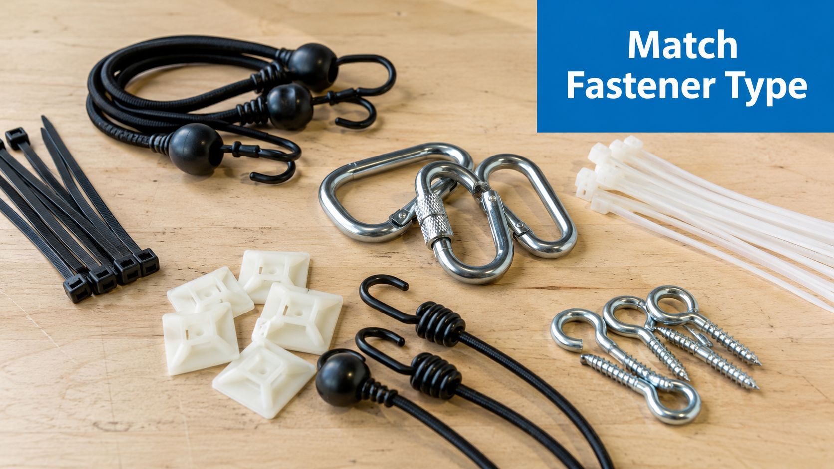 A collection of various hardware fasteners including zip ties, carabiners, hooks, and adhesive mounts on a table.