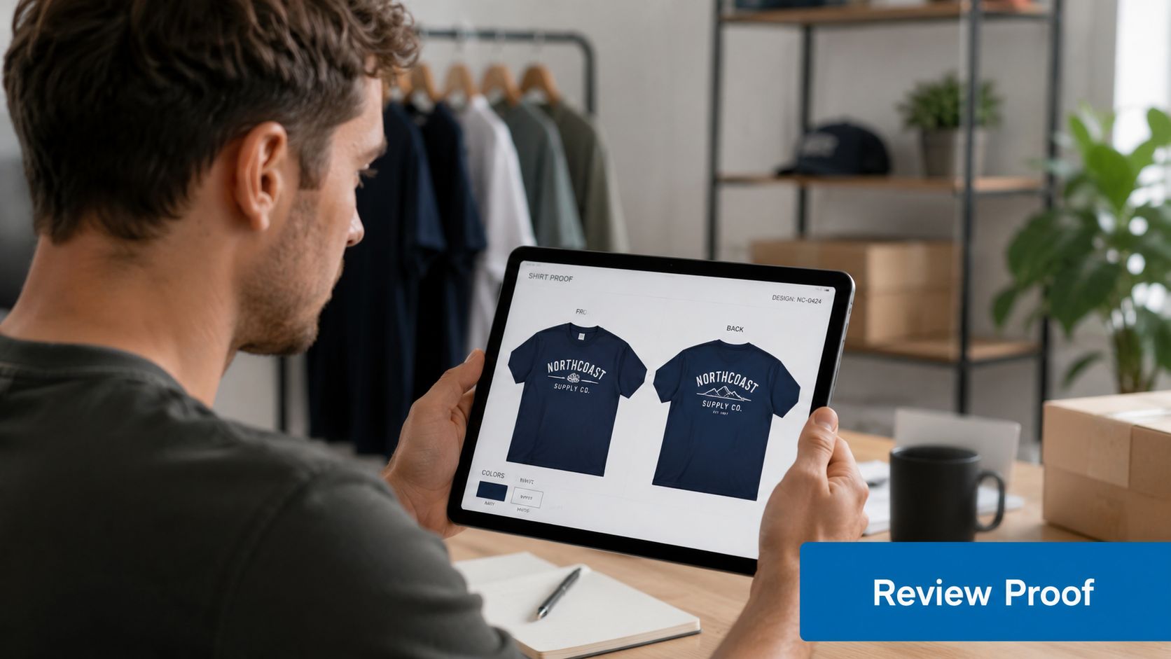 A man reviewing a custom t-shirt design proof on a tablet computer in a workspace.