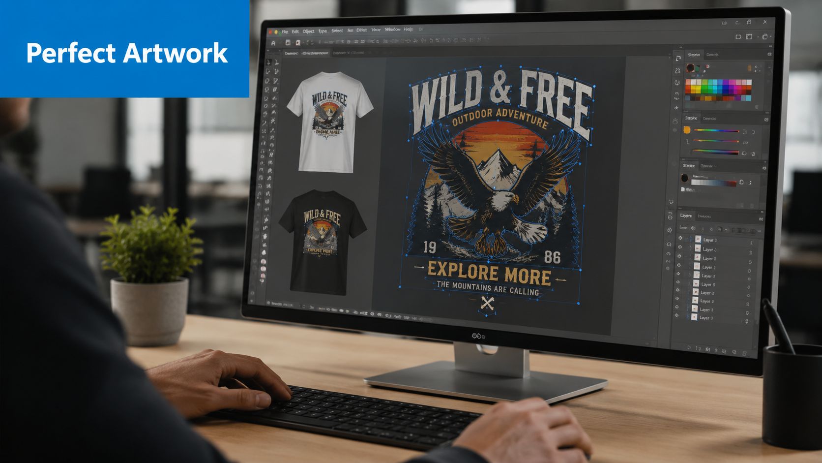 A professional designer creating a custom shirt graphic on a computer screen in a modern office.