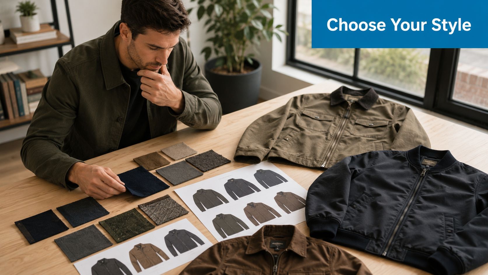 A man examines fabric swatches and design sketches on a wooden table while choosing jacket styles.