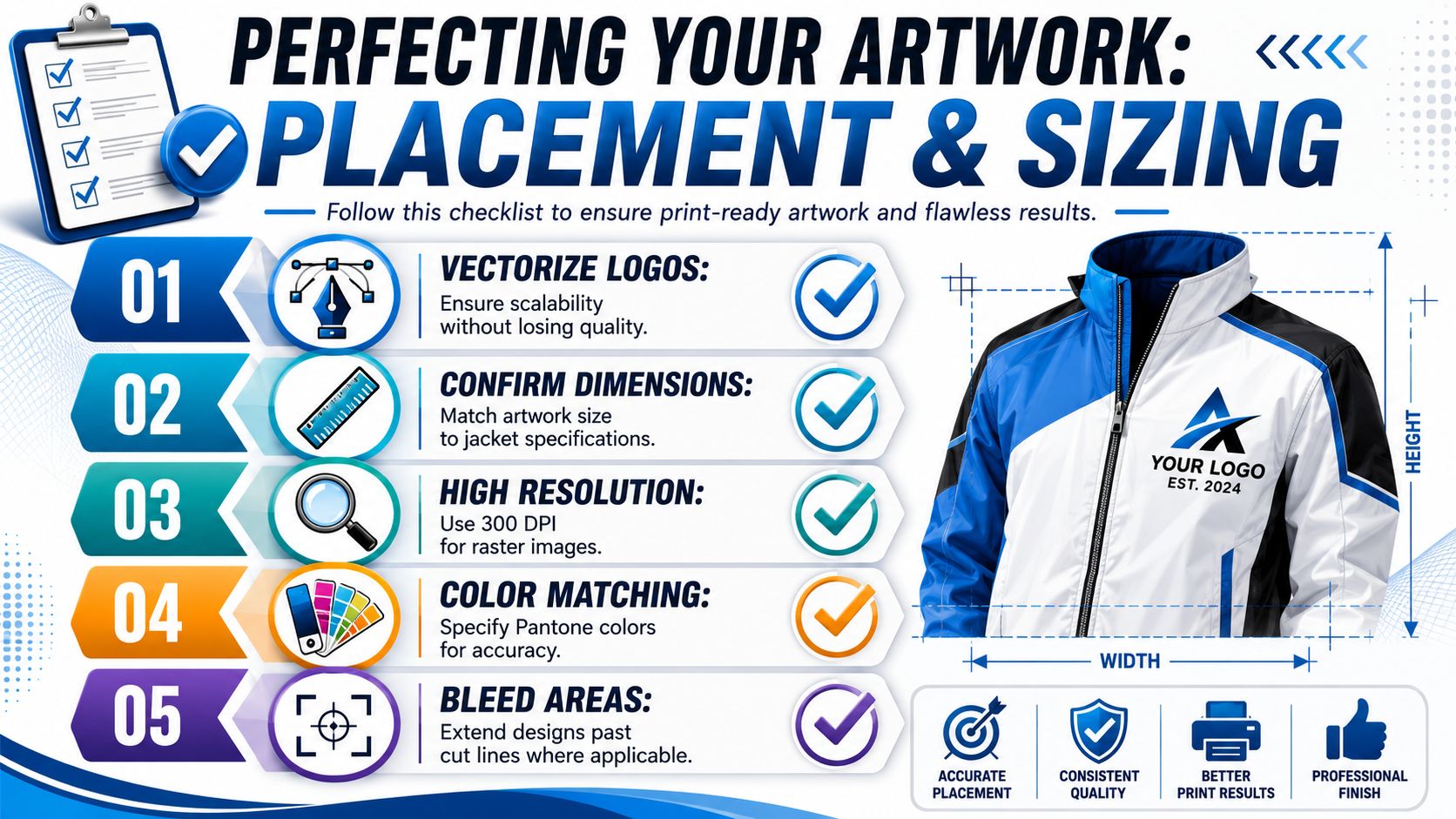 An infographic checklist for jacket customization, showing steps for high-quality printing on branded apparel.