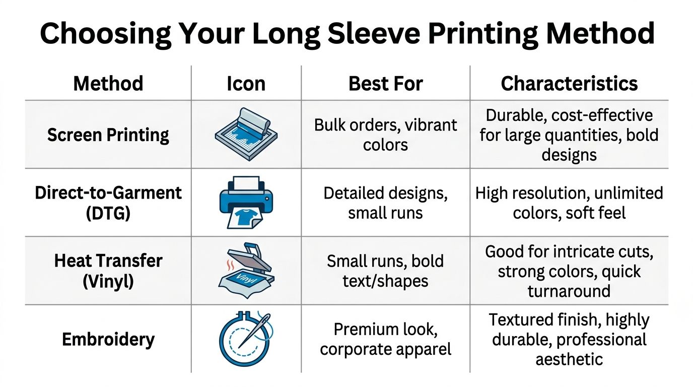 A comparison chart outlining four common printing methods for long sleeve t-shirts and their unique characteristics.