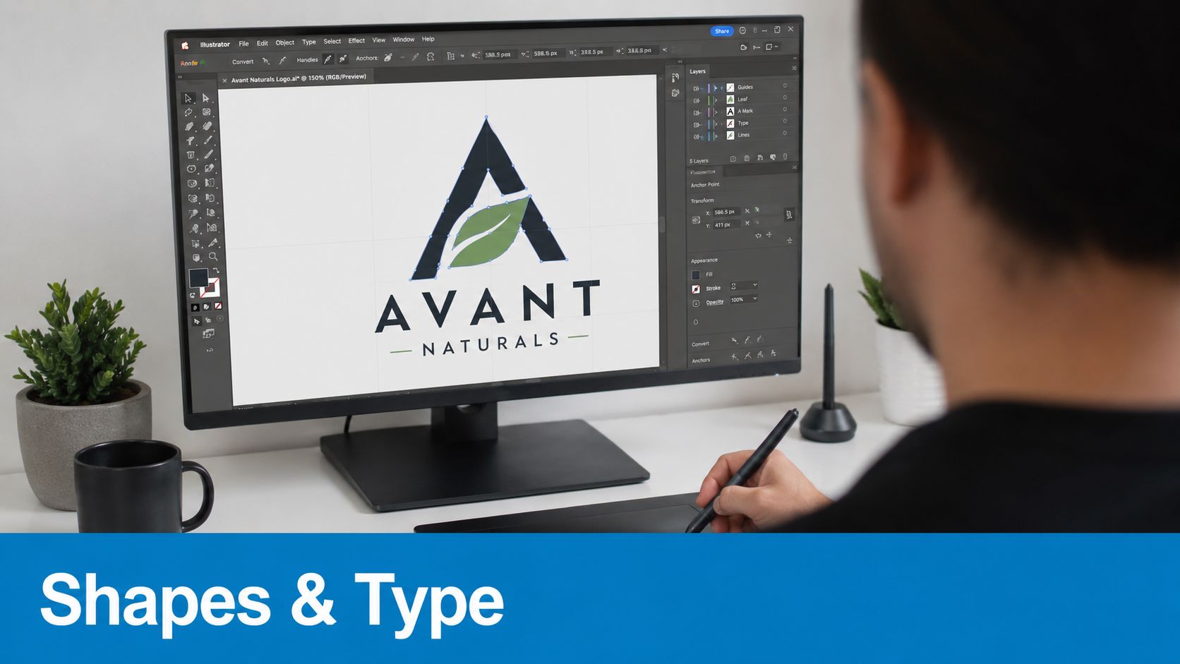 A graphic designer working on a modern brand logo using Adobe Illustrator on a computer monitor.