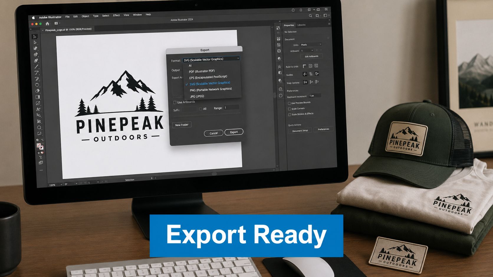 A computer monitor showing Adobe Illustrator software with a logo design open during the export process.