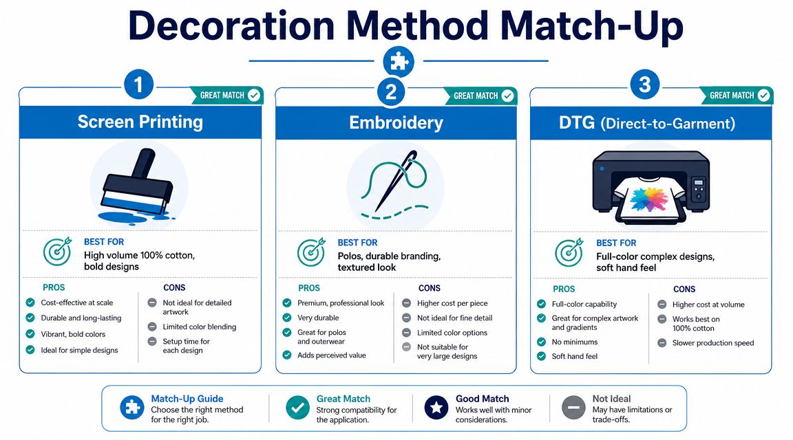 An infographic comparing screen printing, embroidery, and direct-to-garment printing methods for clothing decoration and branding projects.