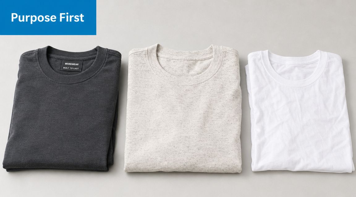 Three folded t-shirts in charcoal gray, heathered beige, and white arranged neatly on a light surface.