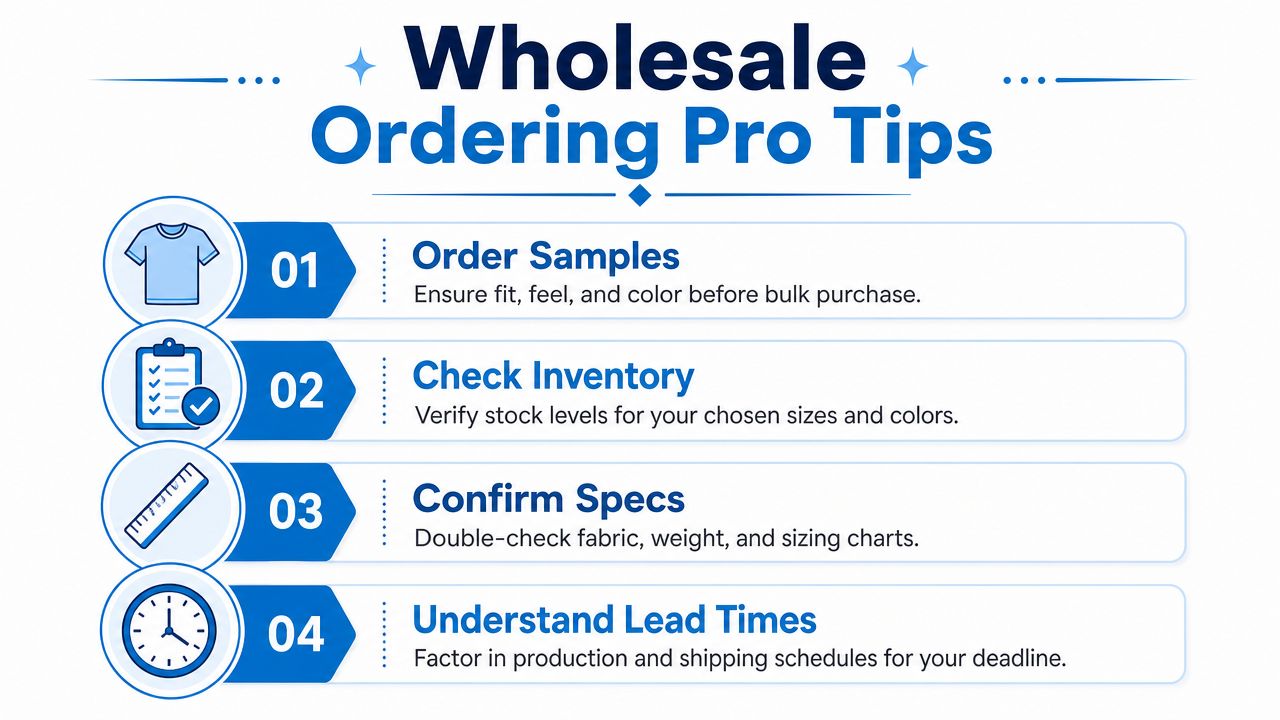 An infographic titled Wholesale Ordering Pro Tips listing four essential steps for business inventory procurement.