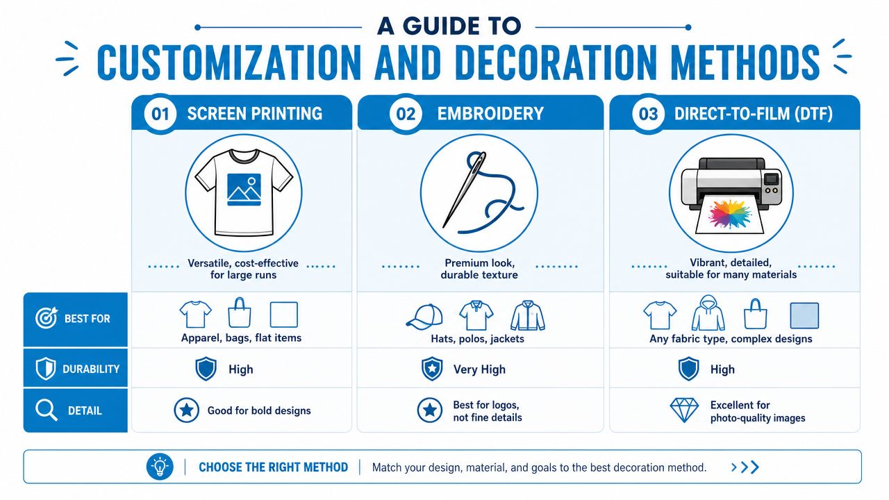 A comparison guide for customization methods including screen printing, embroidery, and direct-to-film printing on promotional items.
