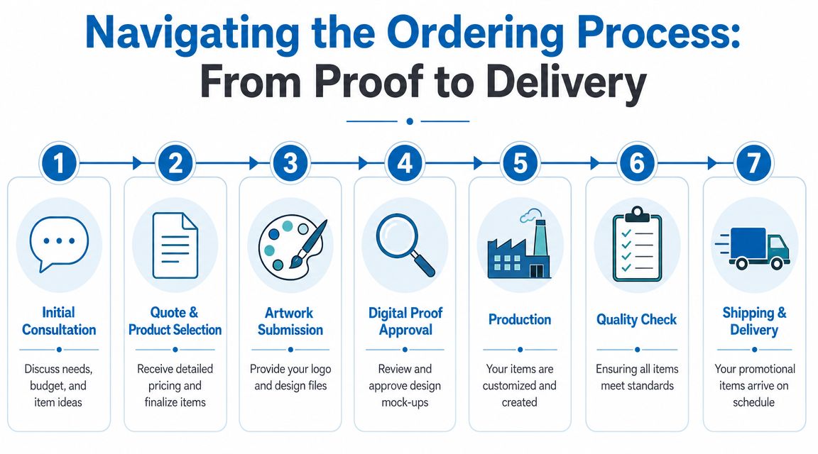 A seven-step flowchart illustrating the ordering process for promotional items, from initial consultation to final shipping.