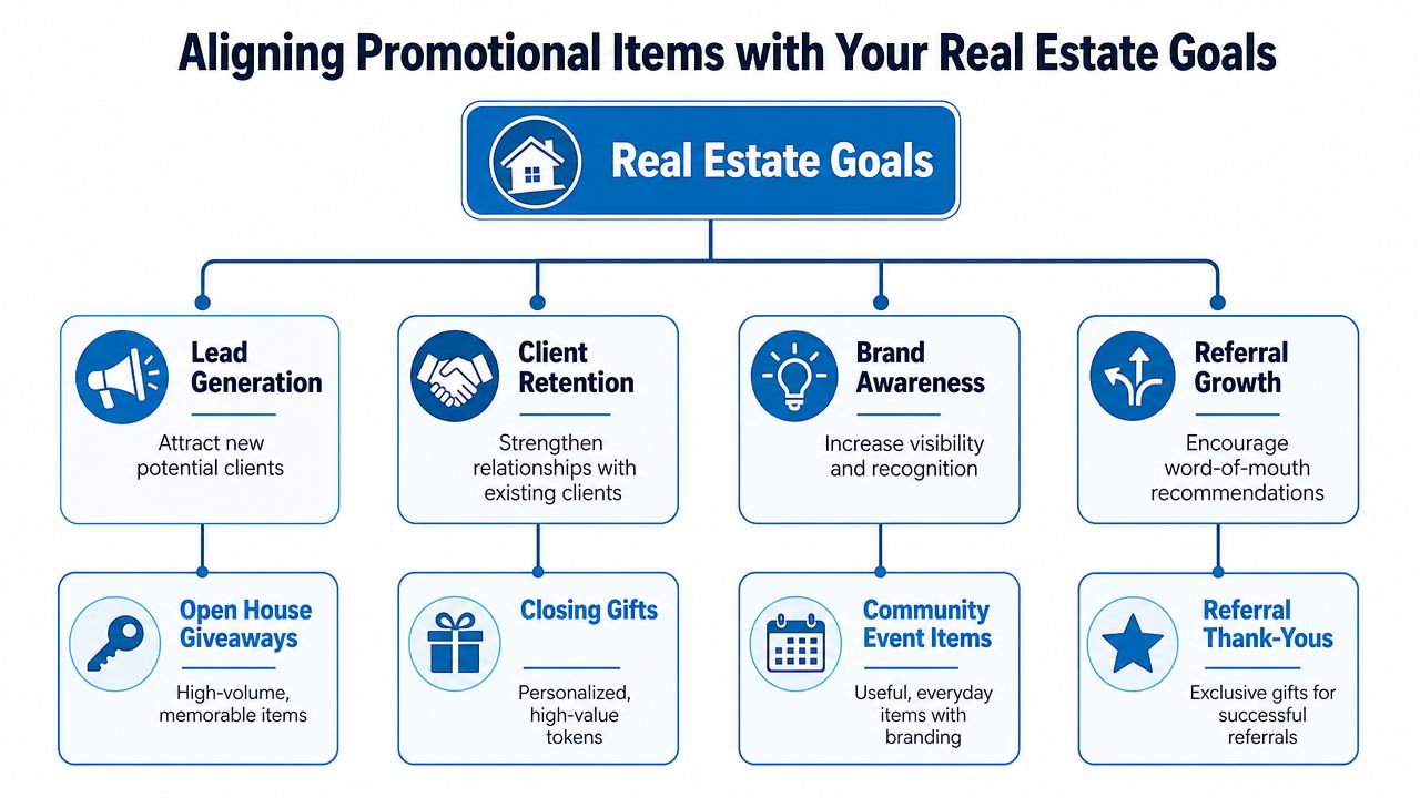 A flowchart showing how to align various promotional items with specific real estate business goals and strategies.