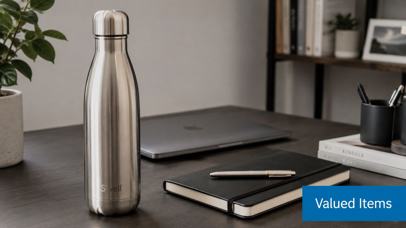 A stainless steel S'well water bottle on a desk next to a notebook, pen, and laptop.