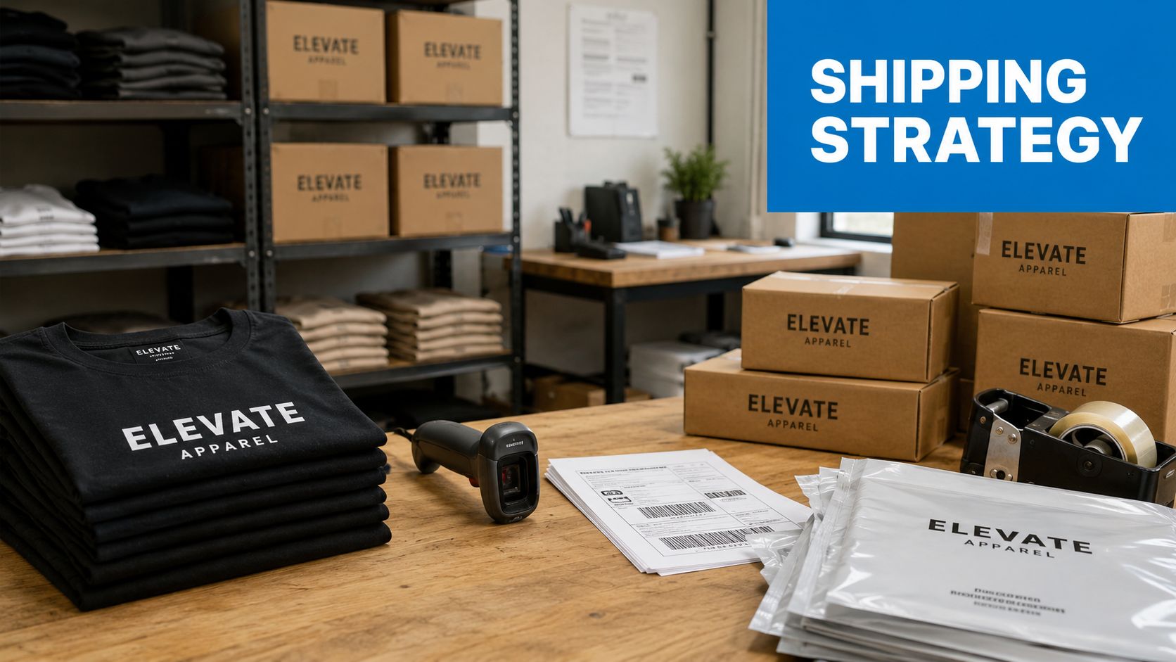 Elevate Apparel clothing stack and shipping boxes ready for processing in a warehouse, with a barcode scanner.