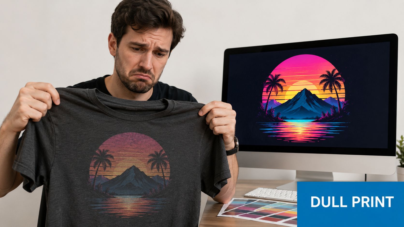 A disappointed man comparing a dull printed t-shirt design to the vibrant digital artwork on his monitor.