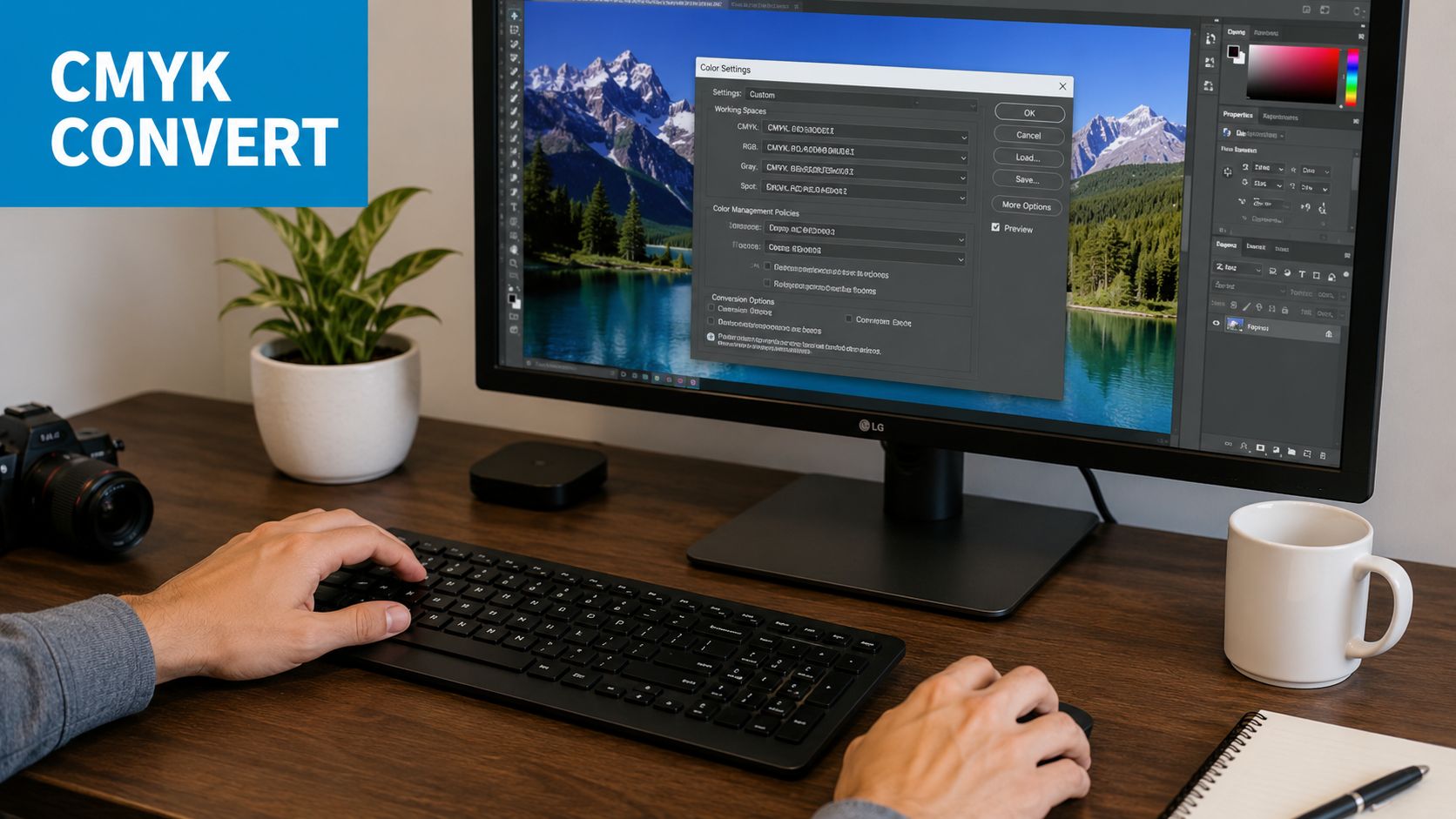 A person editing a landscape photo on a computer screen to perform RGB to CMYK conversion.