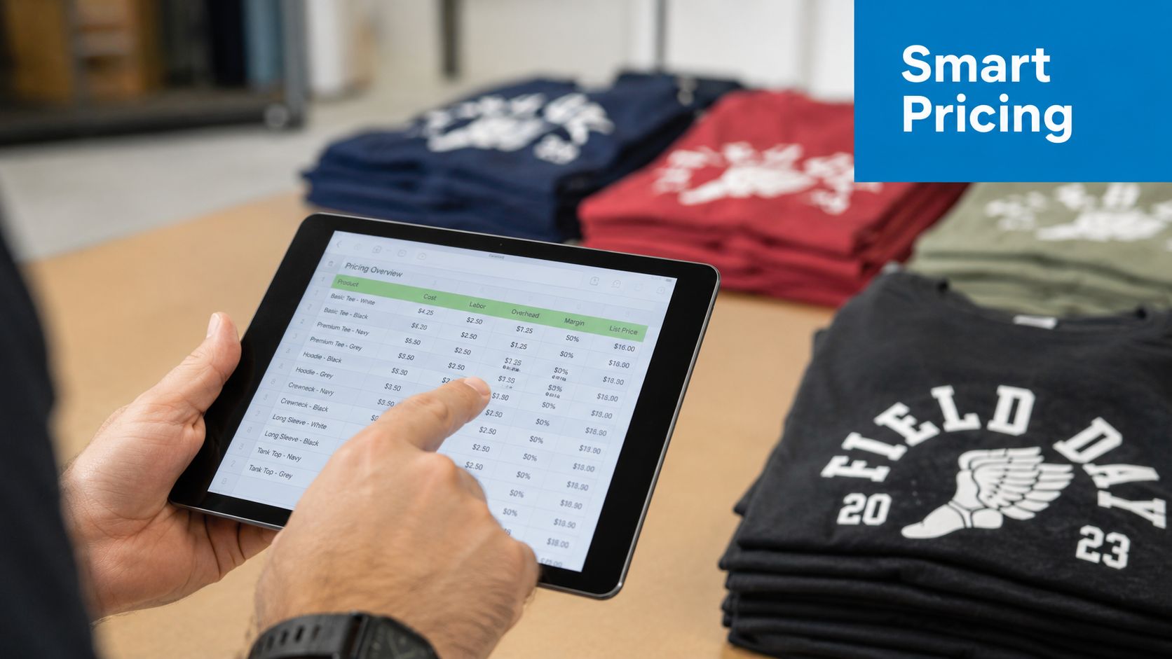 A person holds a tablet displaying a pricing overview table for screen printed apparel items.