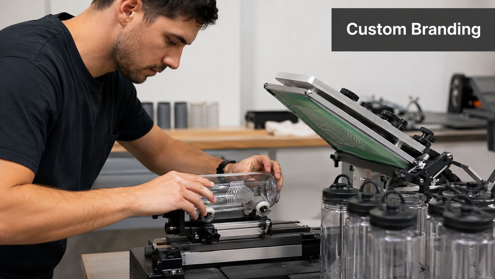 A professional designer uses a screen printing machine to apply custom branding to a clear water bottle.