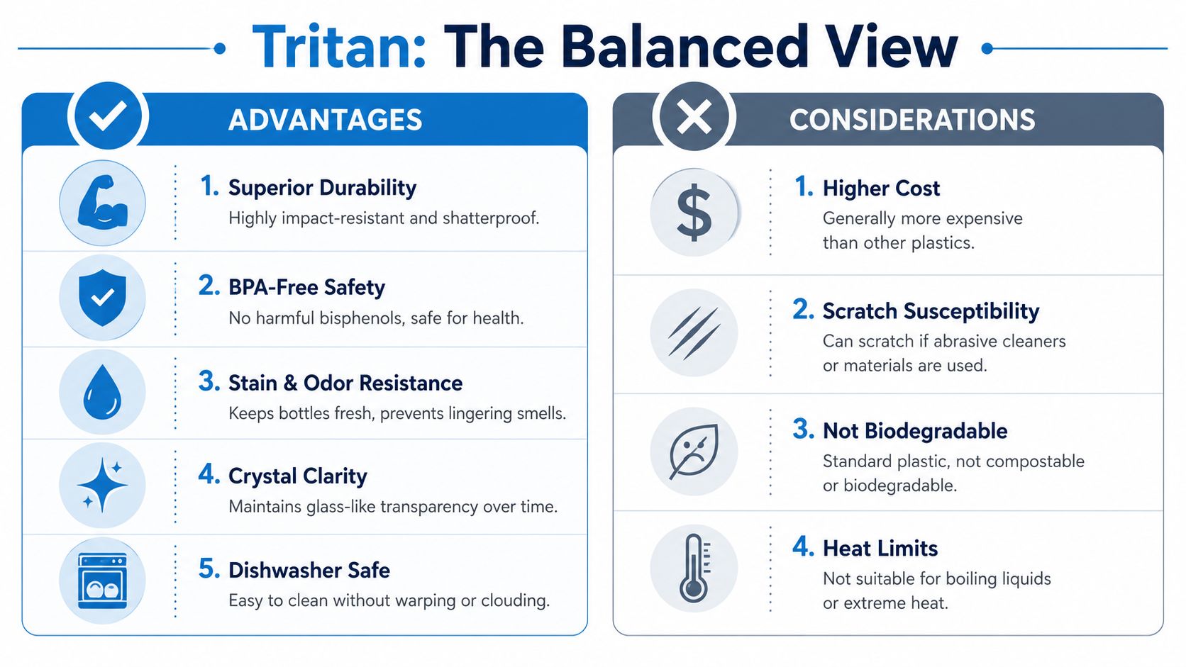 An infographic comparing the advantages and considerations of using Tritan material for water bottles.