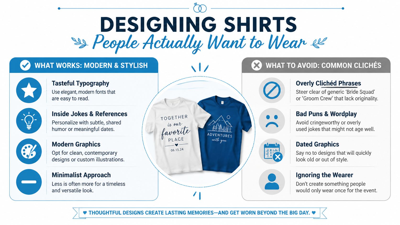 An infographic titled Designing Shirts People Actually Want to Wear, showing tips for modern wedding apparel design.
