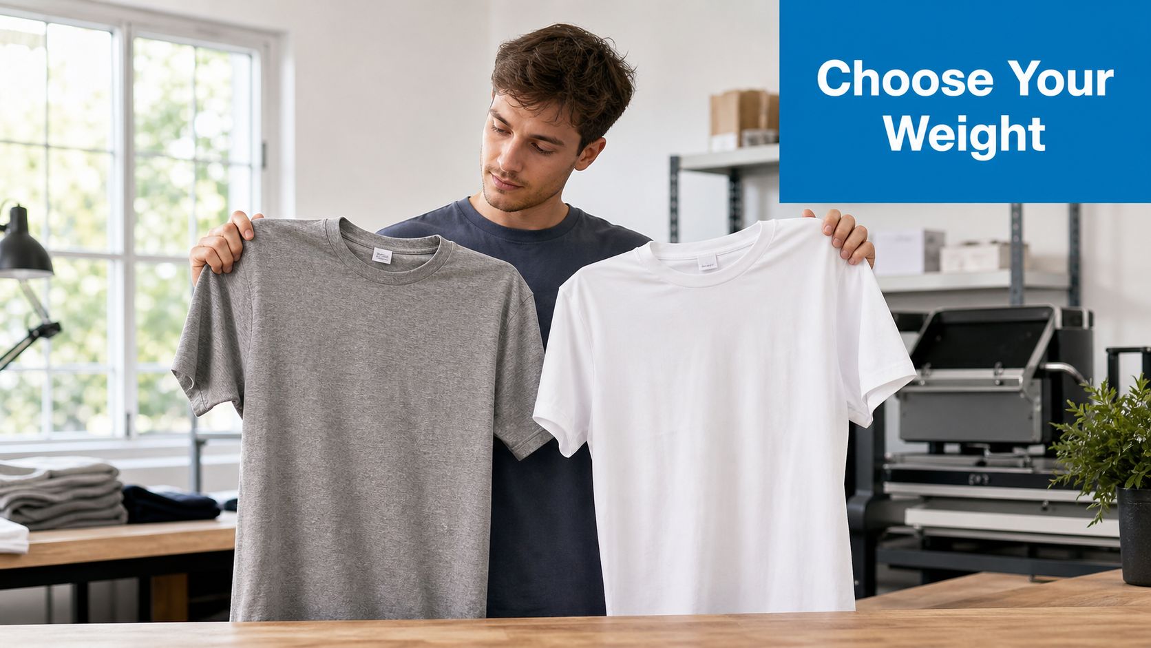 A young man holding up a grey and a white t-shirt to compare their fabric weight.