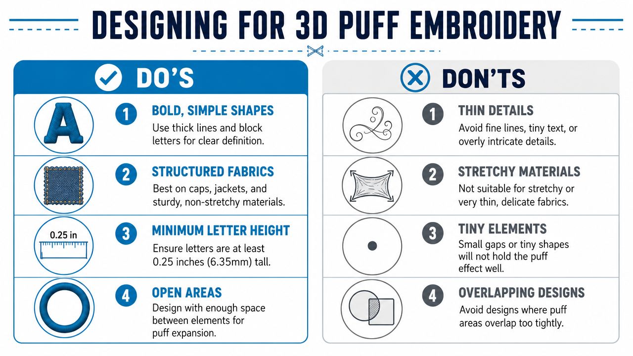 An infographic showing four dos and four donts for designing successful 3D puff embroidery projects.