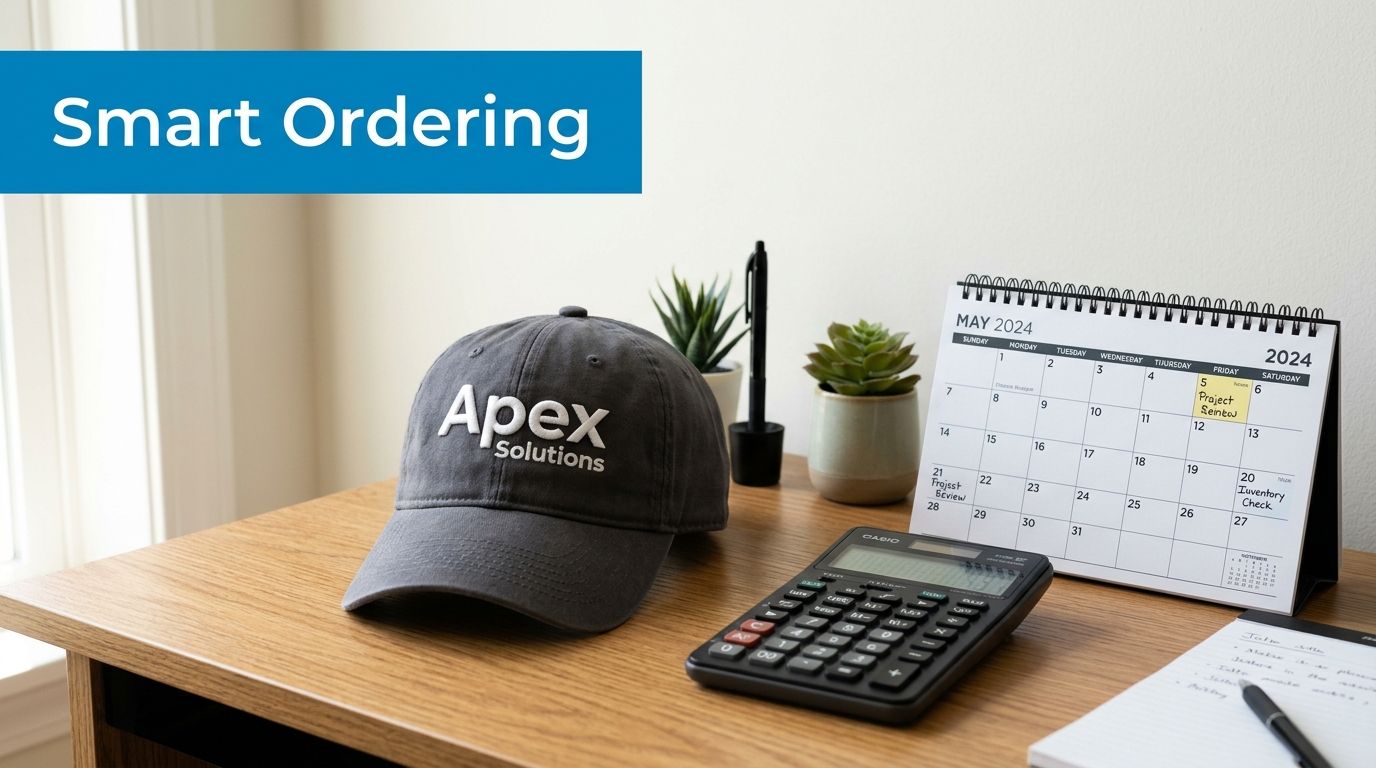 A workspace featuring an Apex Solutions baseball cap with 3d puff embroidery, a calculator, and calendar.