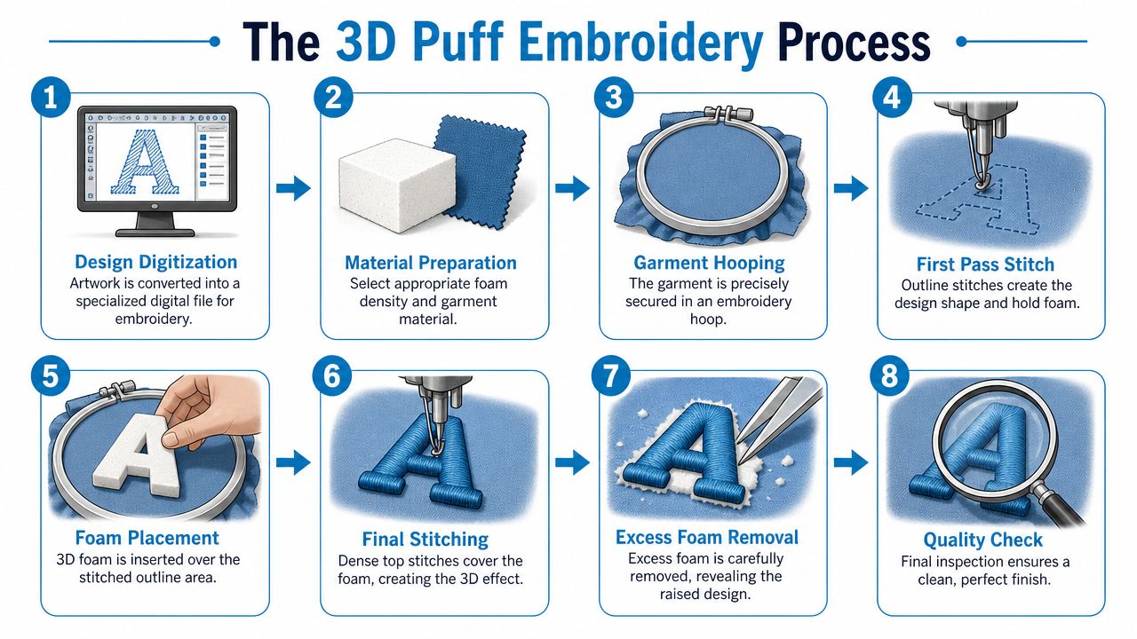 An eight-step infographic illustrating the professional 3D puff embroidery process from digital design to final inspection.