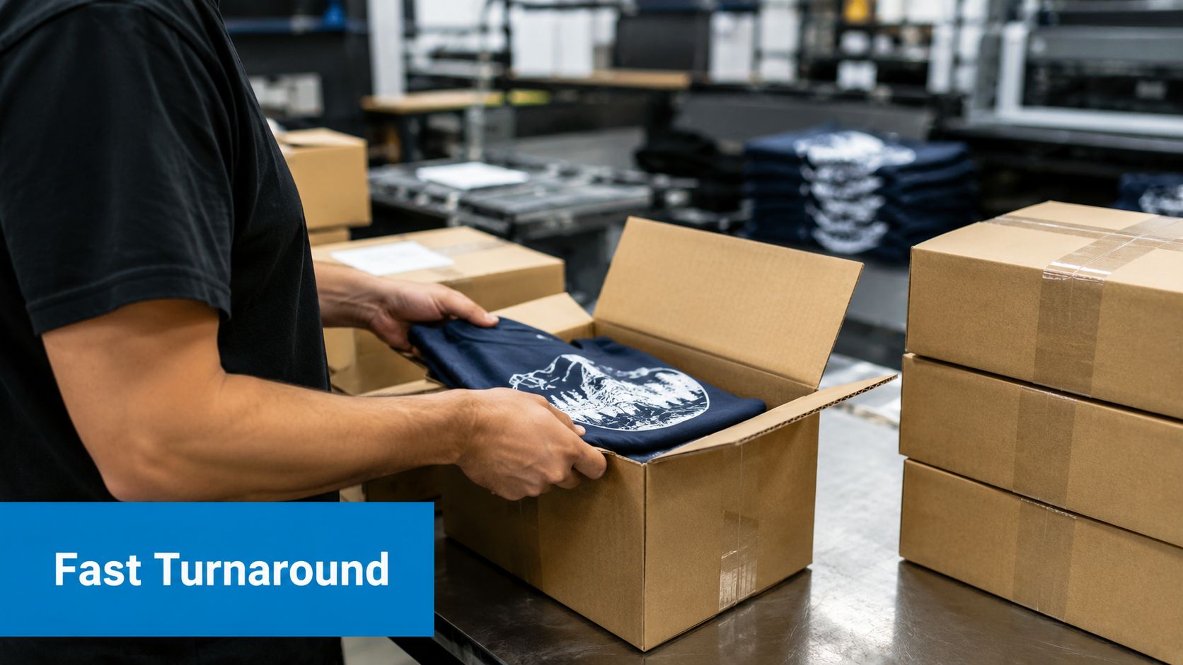 A warehouse worker carefully places a printed t-shirt into a cardboard shipping box for fast turnaround delivery.