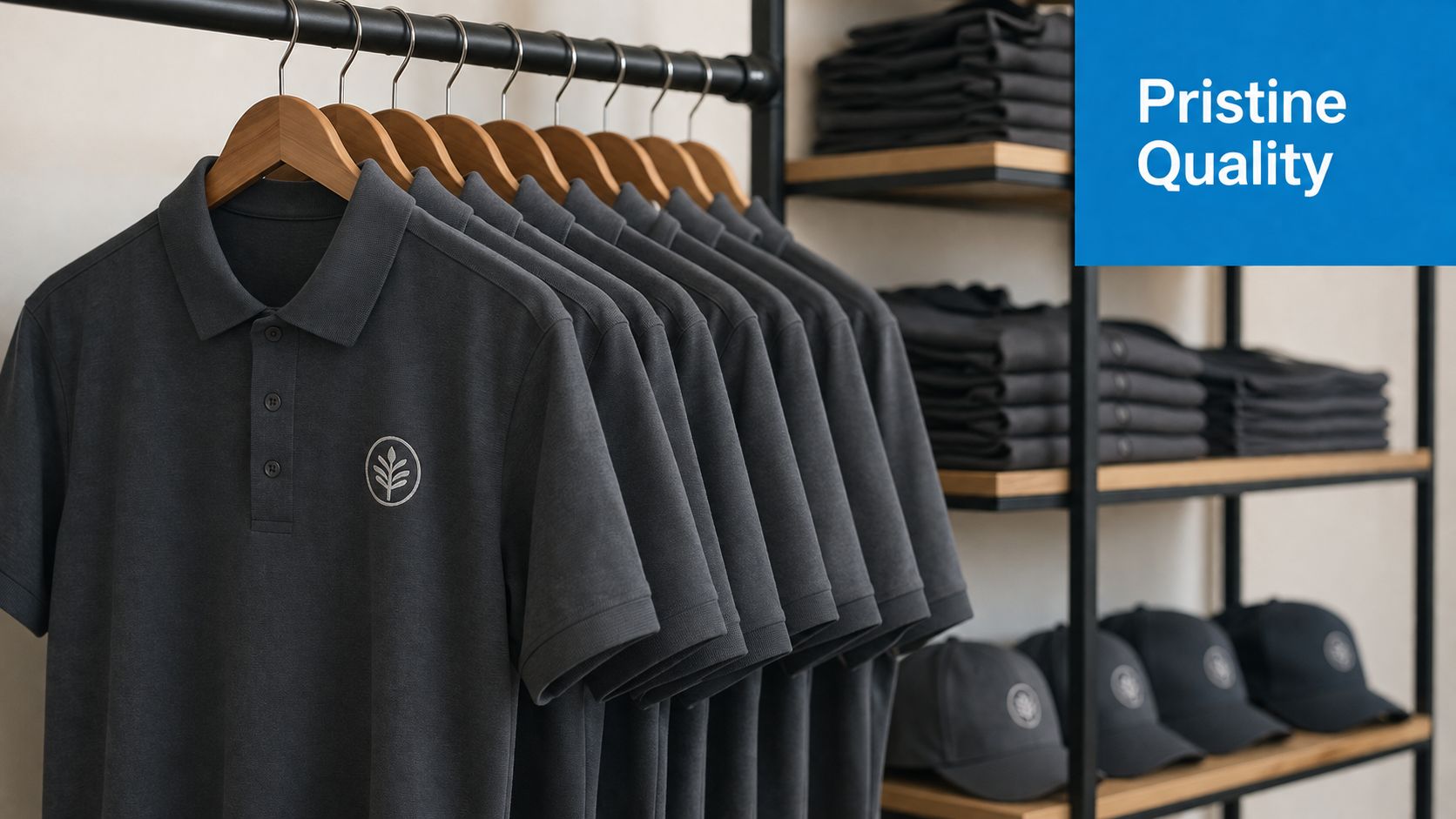 A rack of grey polo shirts with leaf logos displayed in a clean retail clothing shop store.