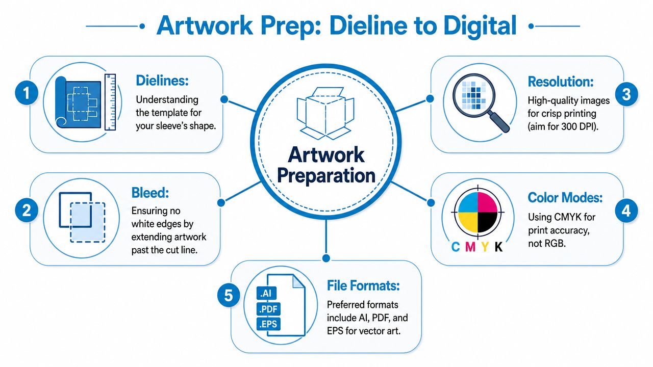 An infographic titled Artwork Prep: Dieline to Digital showing five key steps for preparing custom packaging artwork.
