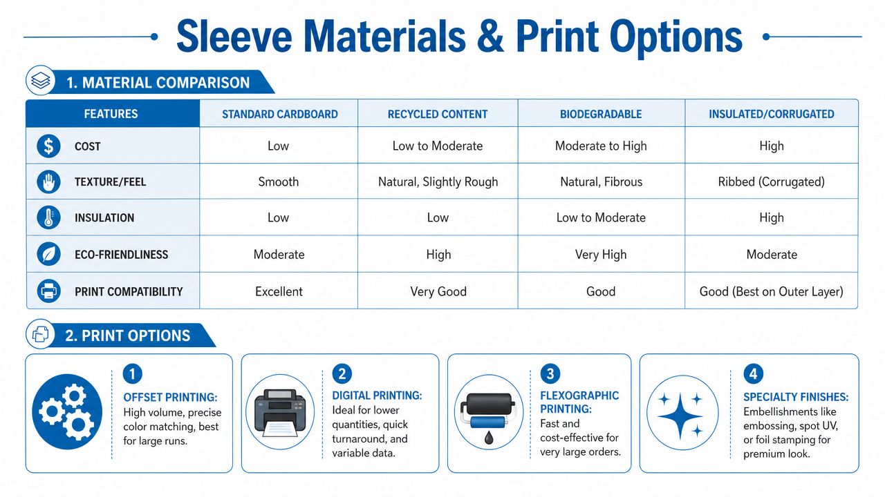A comparison chart showing features of different coffee sleeve materials and various printing options available for customization.