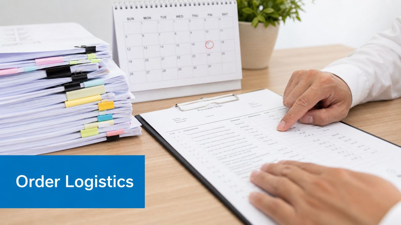 A professional reviewing a purchase order document on a desk next to a stack of paperwork.