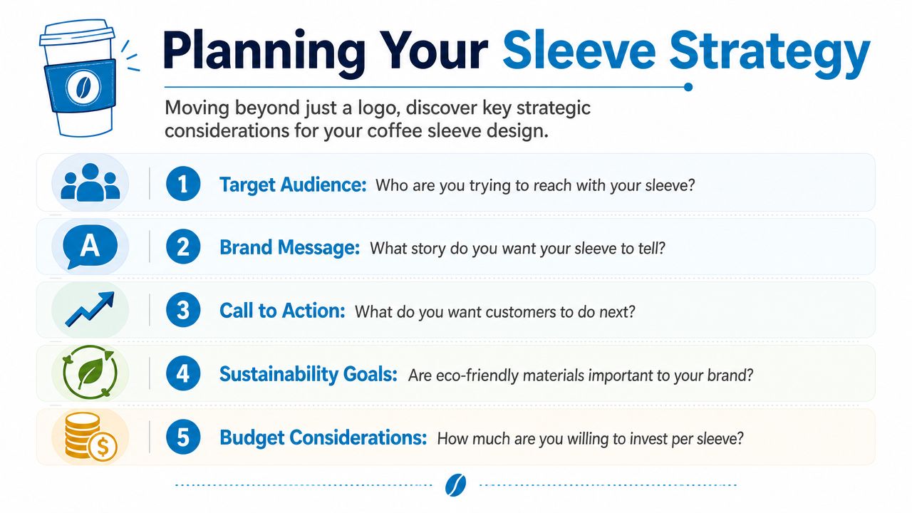 An infographic titled Planning Your Sleeve Strategy outlining five key considerations for custom coffee sleeve designs.
