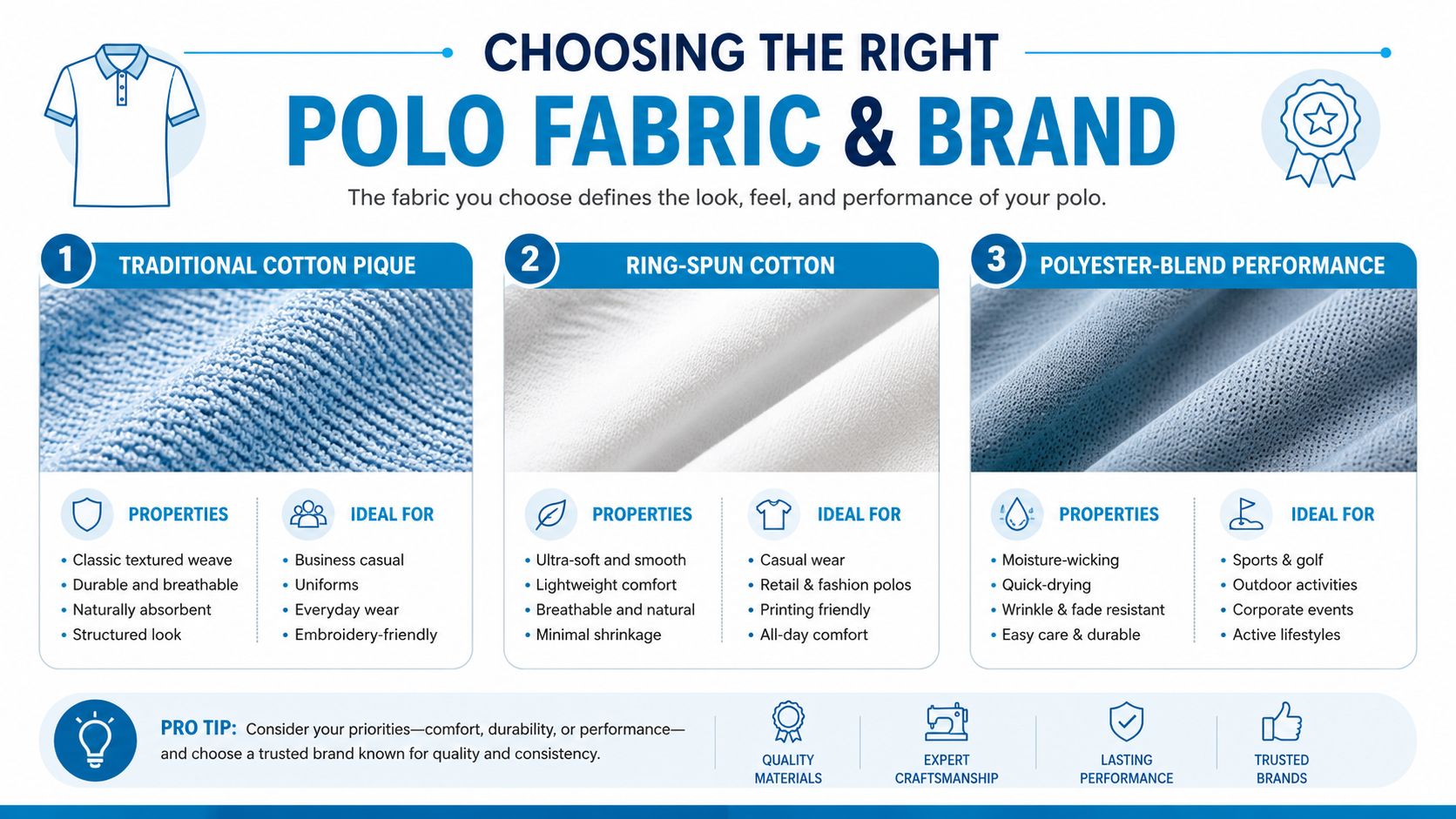 An infographic comparing different polo shirt fabrics: Traditional Cotton Pique, Ring-spun Cotton, and Polyester-blend Performance.