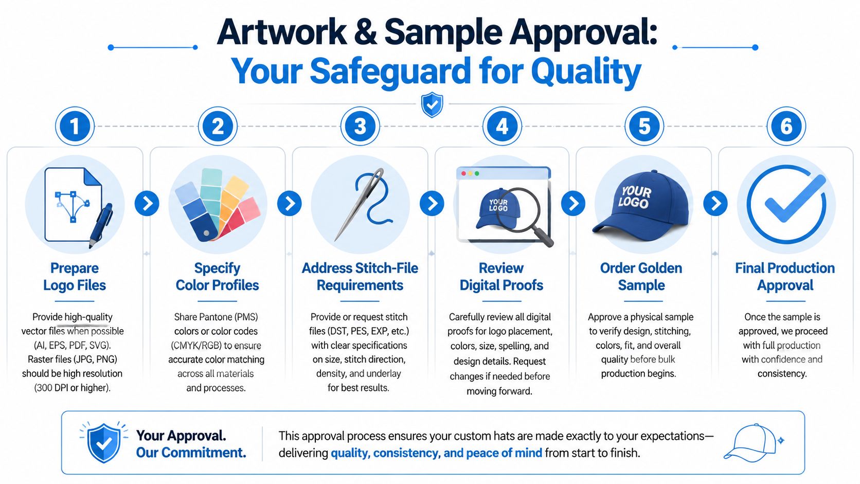 A six-step infographic illustrating the professional artwork and sample approval process for custom hat manufacturing.