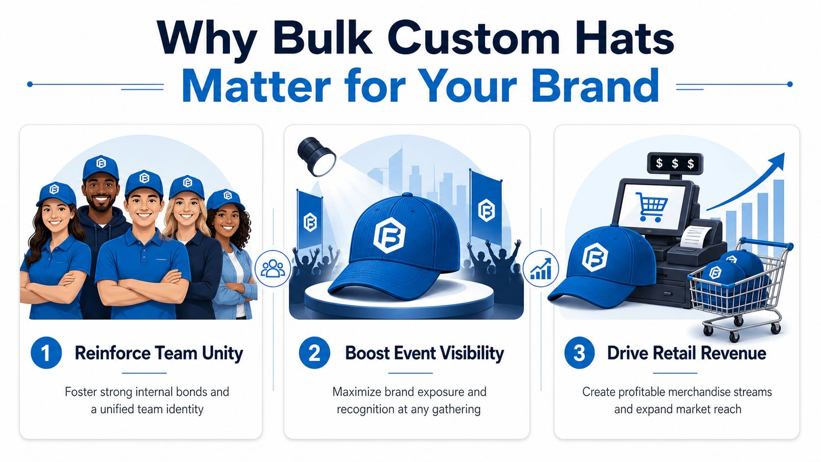 A graphic illustration detailing three key benefits of ordering custom hats in bulk for business branding.