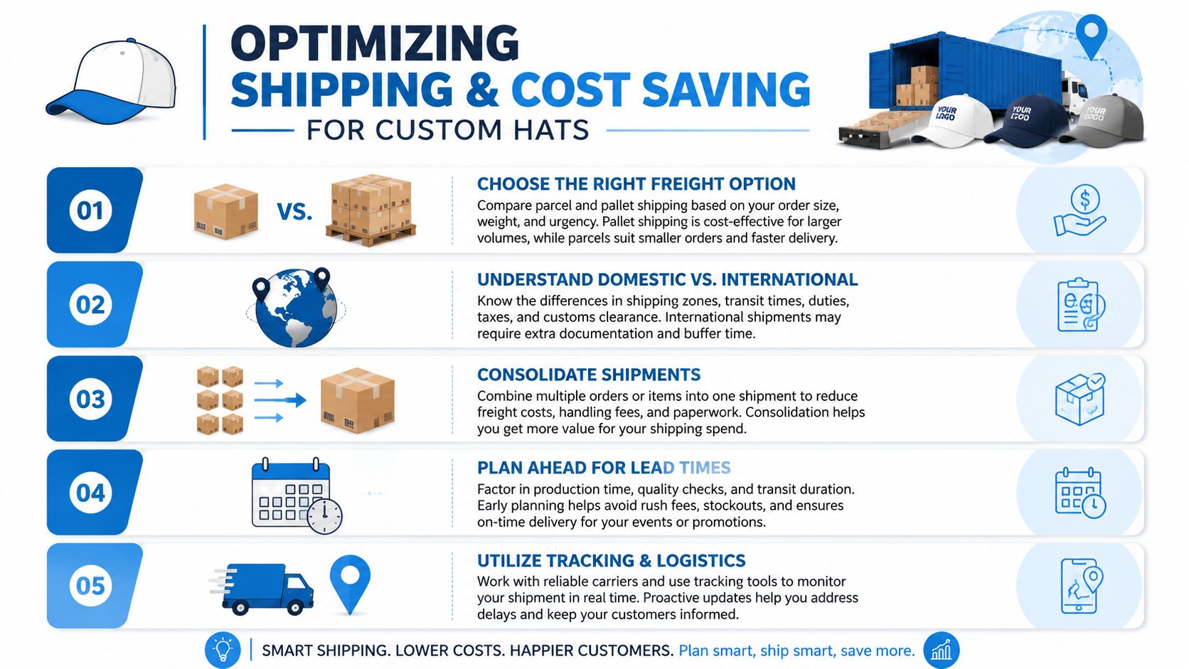 An infographic detailing five strategies to optimize shipping and reduce costs for custom hat orders.