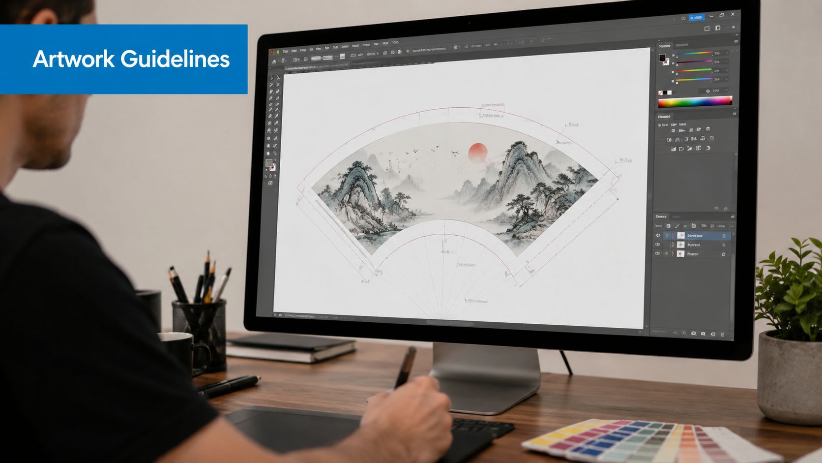A digital artist uses a stylus on a graphics tablet to design a custom paper fan illustration.