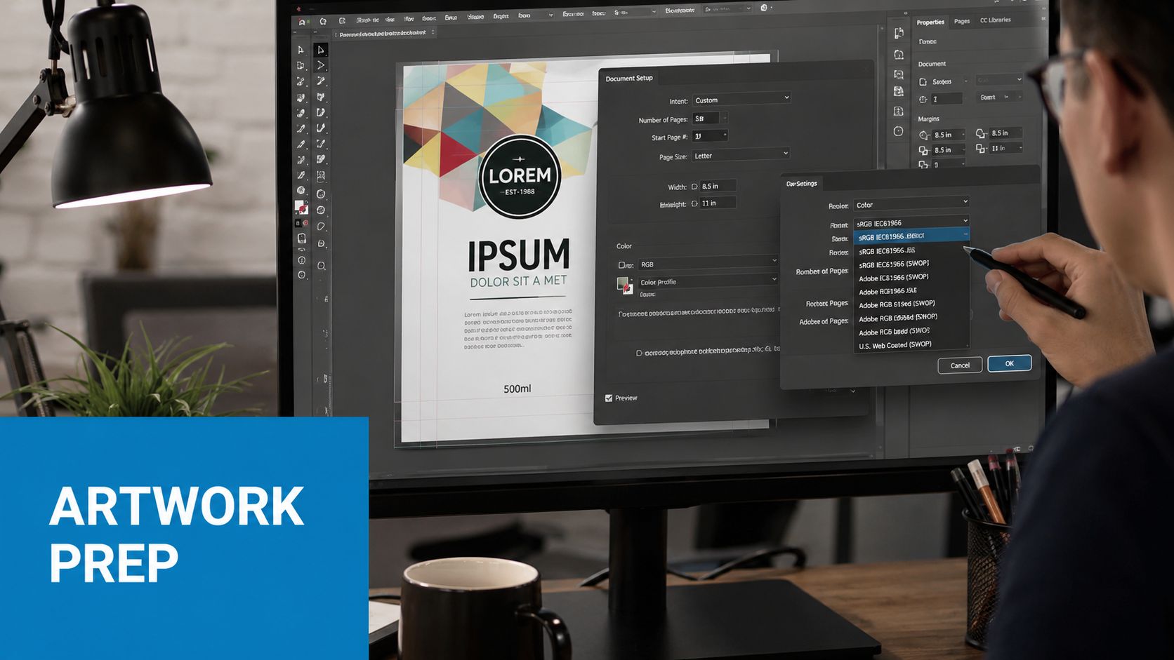 A graphic designer working on professional print artwork layout on a computer screen in a bright office.