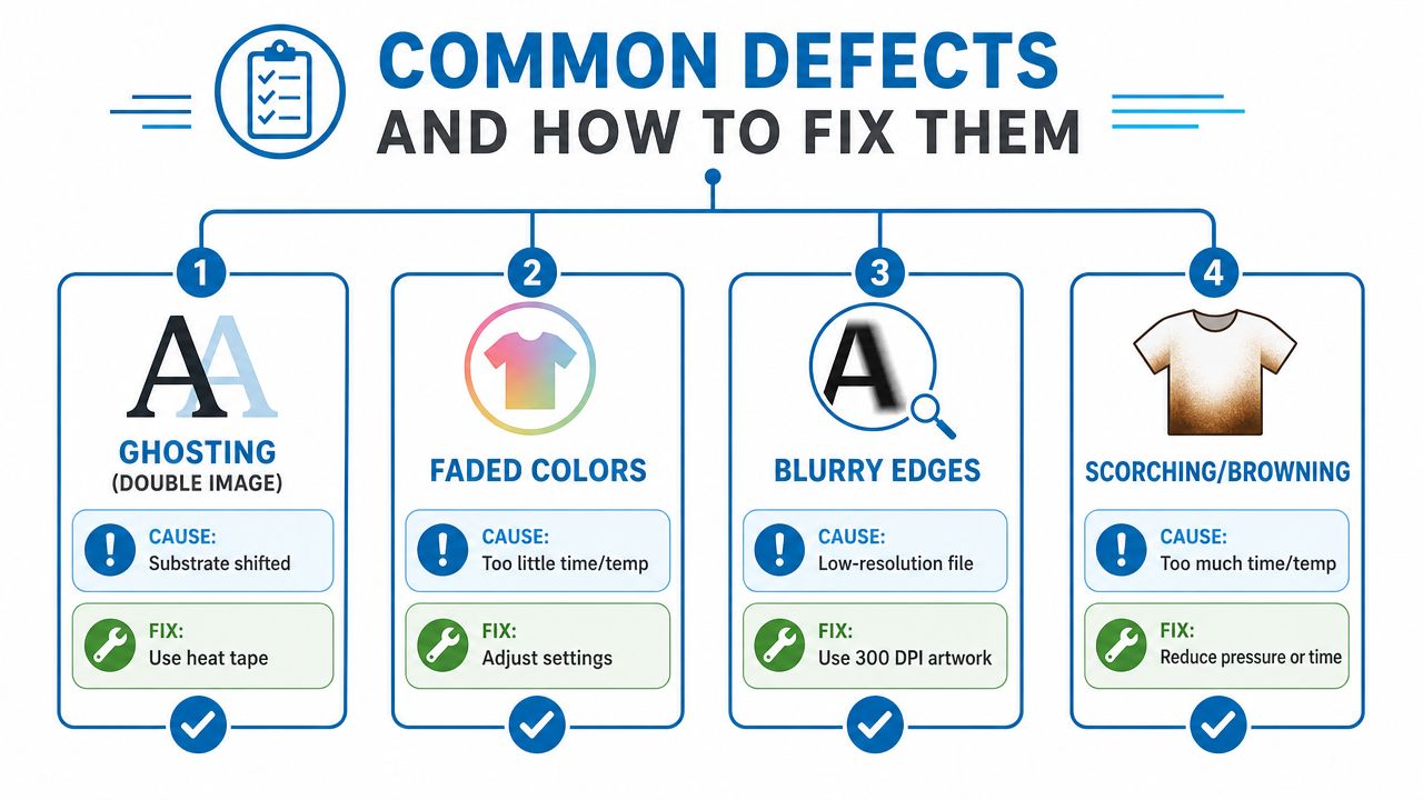 An infographic showing four common dye sublimation defects with their causes and recommended professional fixes.