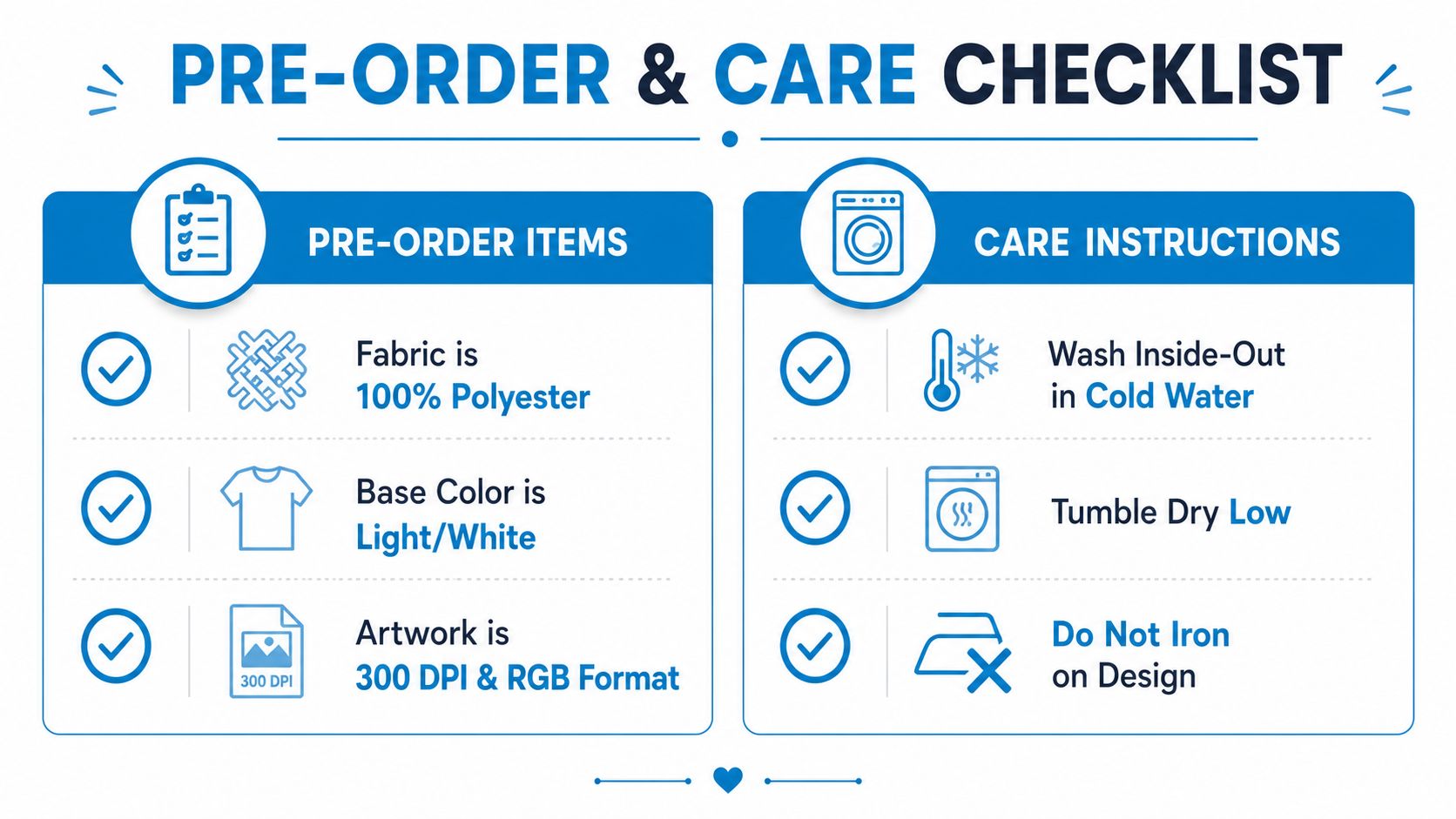 A checklist infographic detailing pre-order fabric requirements and laundry care instructions for dye sublimation shirts.