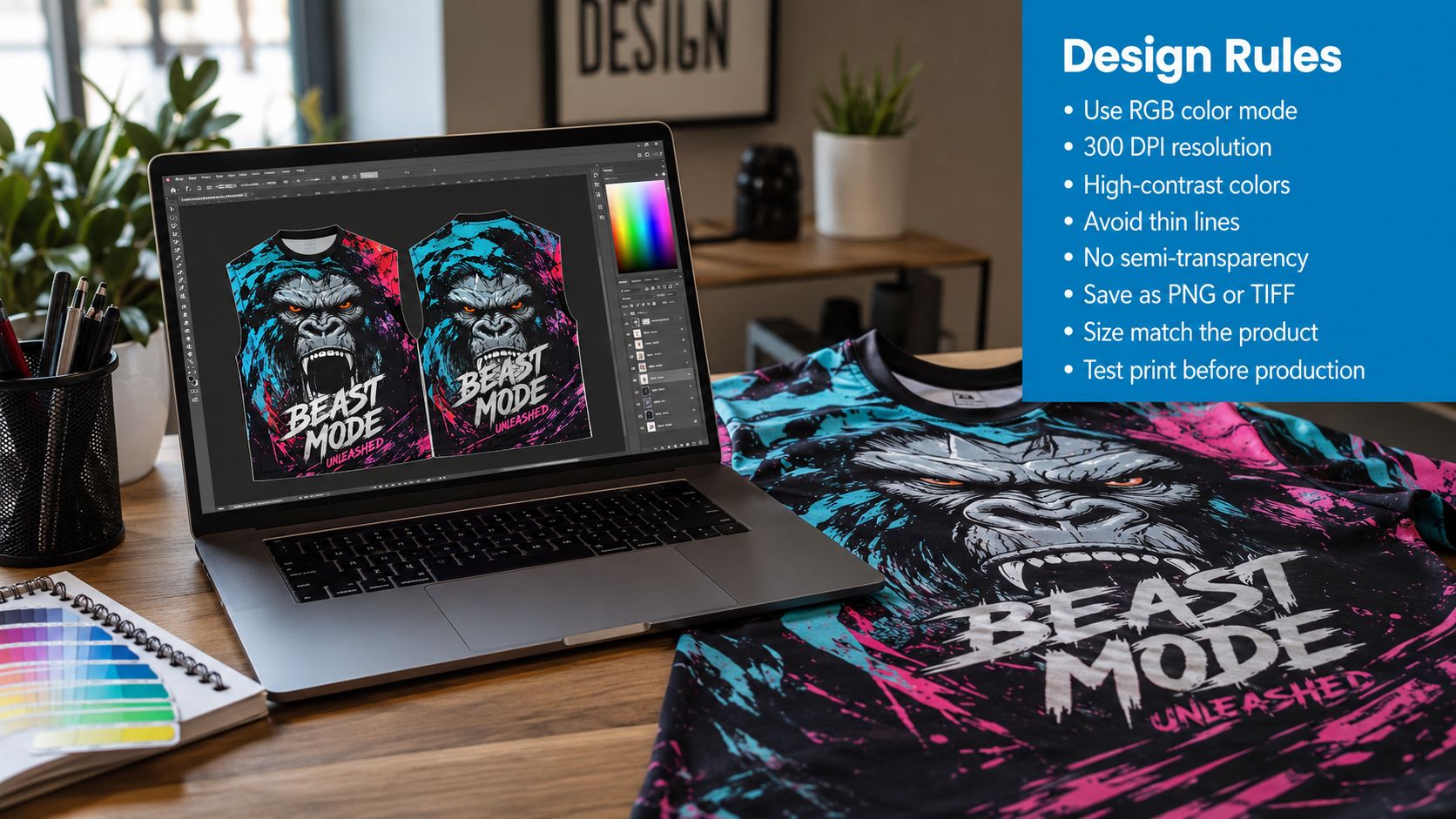 A professional graphic design workspace showing a gorilla t-shirt design on a laptop and physical shirt.