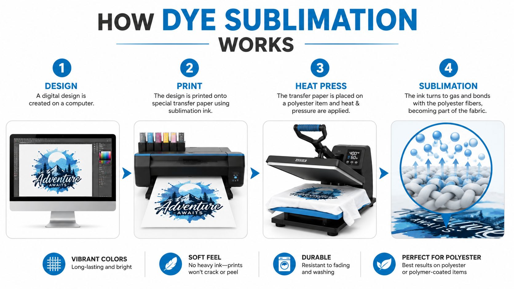 An infographic showing the four-step dye sublimation printing process from digital design to finished polyester garment.