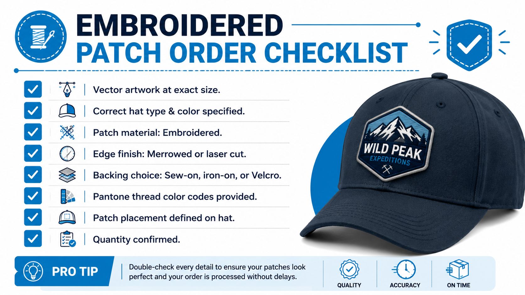A helpful infographic showing a checklist for ordering custom embroidered patches to be applied to hats.