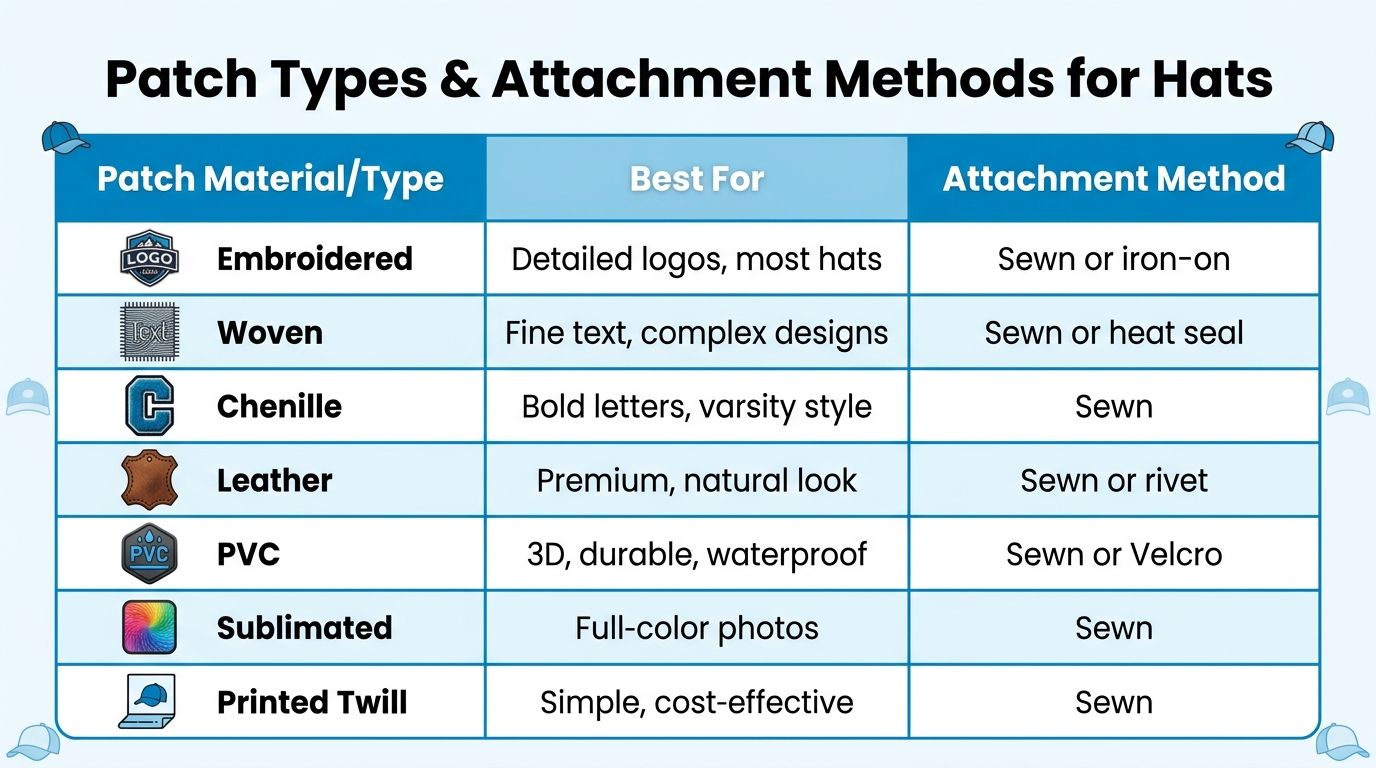 A table comparing various hat patch types, including material, best use cases, and common attachment methods.